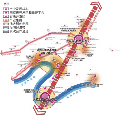 遼寧省“兩核兩區、雙軸多廊”的產業空間總體格局示意圖